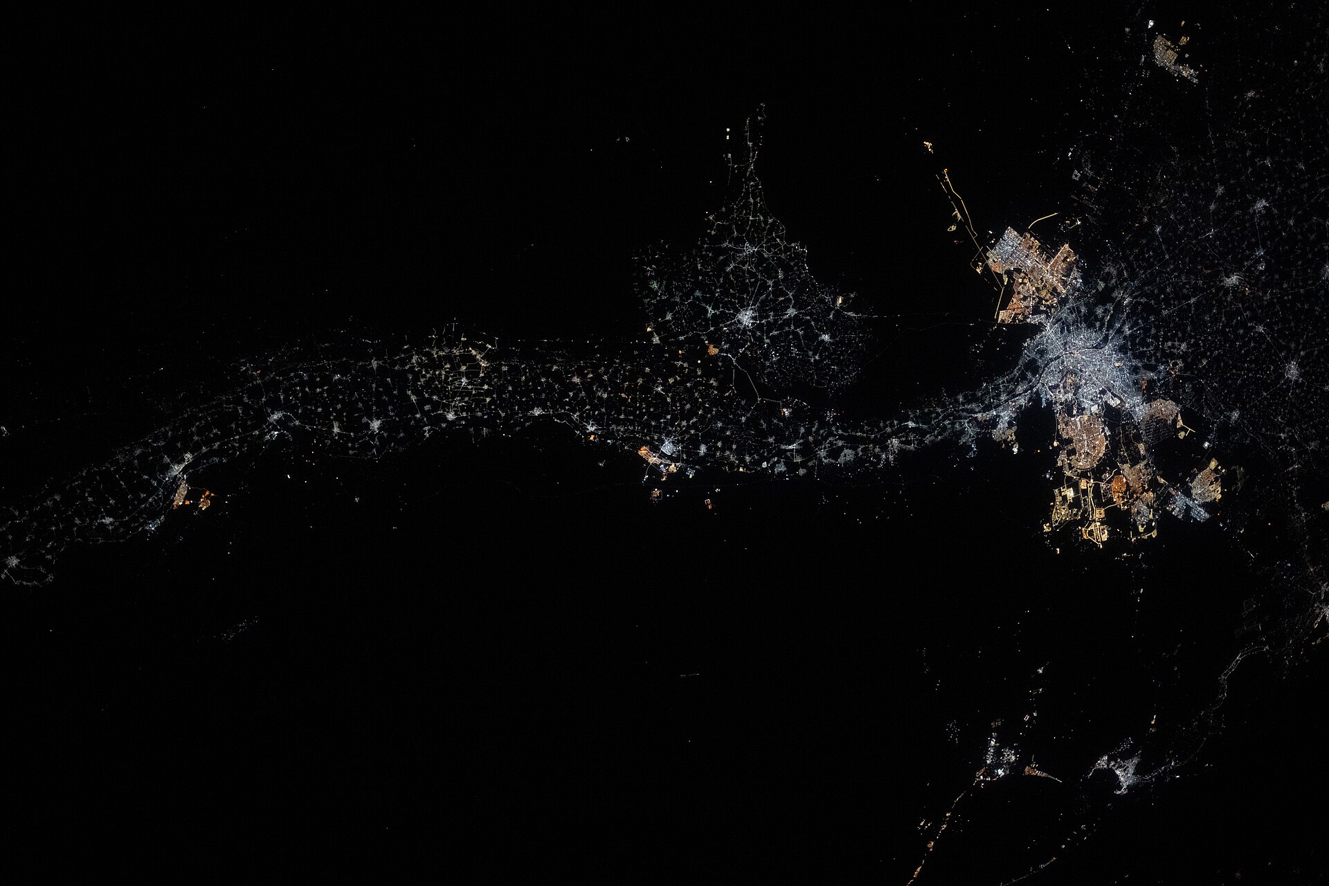 The Nile valley and delta at night, seen from the International Space Station
