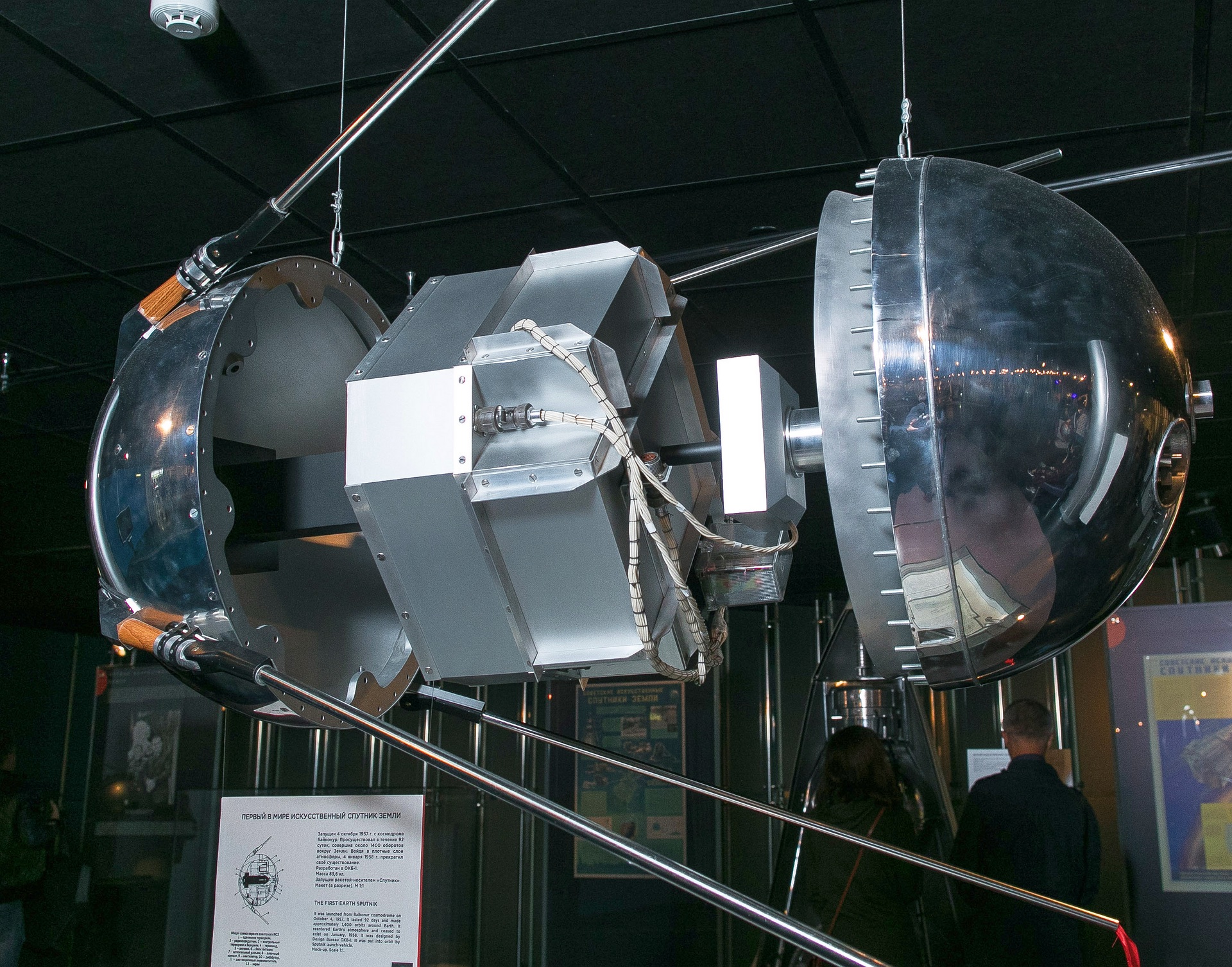 An opened Sputnik 1 model showing the radio transmitter between its two half-shells